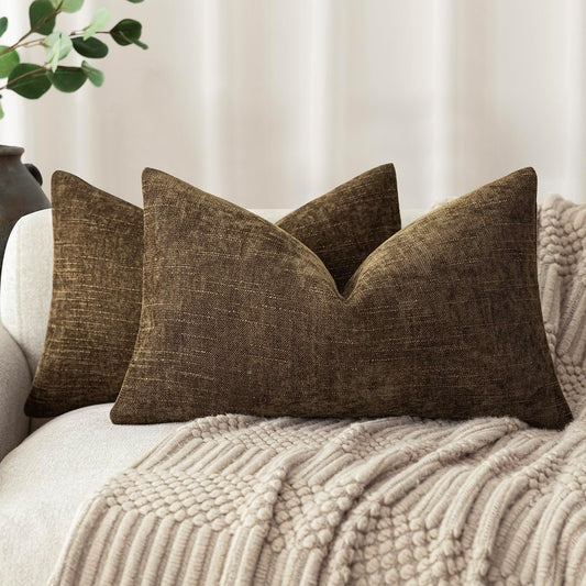 Foindtower Pack of 2 Textured Chenille Throw Decorative Pillow Covers Square Accent Solid Cushion Cover Neutral Farmhouse Lumbar Pillow Case for Couch Sofa Bedroom Living Room 12x20 Inch,Taupe Brown