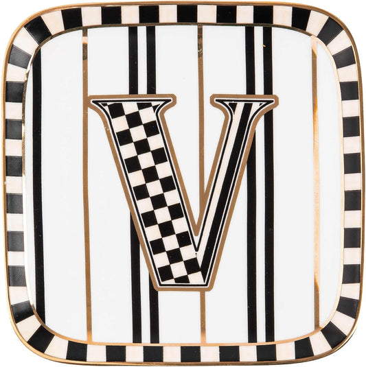 MACKENZIE-CHILDS Monogram Dish, Decorative Ceramic Letter Plate, 5 3/4" Square, V