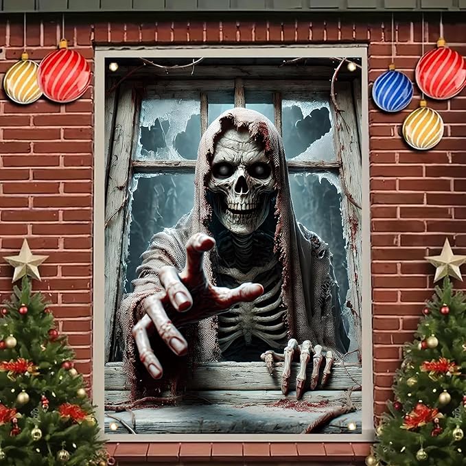 Window Cover Halloween 47x31 Inch Scary Skeleton Grim Reaper Banner Creepy Horror Window Decoration for Haunted House Outdoor Indoor Poster Trick or Treat Decor