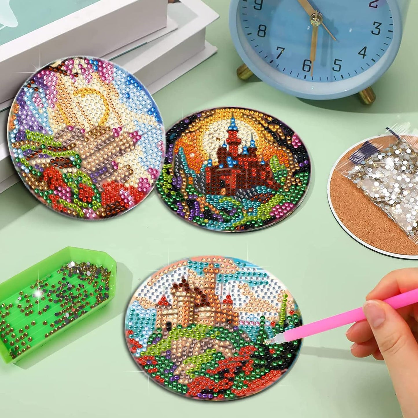 DOTSOPS 8 Pieces Castle Diamond Painting Coasters with Holder - Diamond Art Coasters with Cork Base for Beginners Adults & Craft Supplies Party Item(Castle)