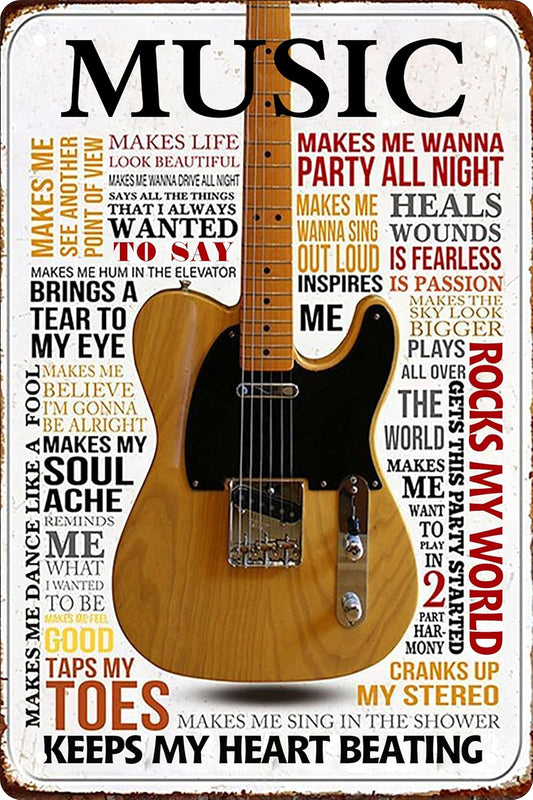 Guitar Metal Signs Vintage Rock Music Wall Decor Man Cave Tin Sign Gym Pool Bar Bathroom Yard Garage Signs Music Keeps My Heart Beating 8x12 in