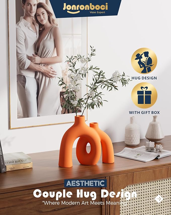 Hug Donut Decorative Vase Set - Modern Vases Home Decor, Decorative Vase for Bookshelf, Entryway Table, Dining Table Centerpiece, Mantle or Fireplace Decor, Console (Orange)