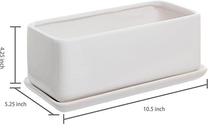 MyGift 10 Inch Modern Unglazed White Ceramic Indoor Plant Pot with Drainage Hole, Rectangular Succulent Planter Window Box with Removable Saucer, 2 Pack