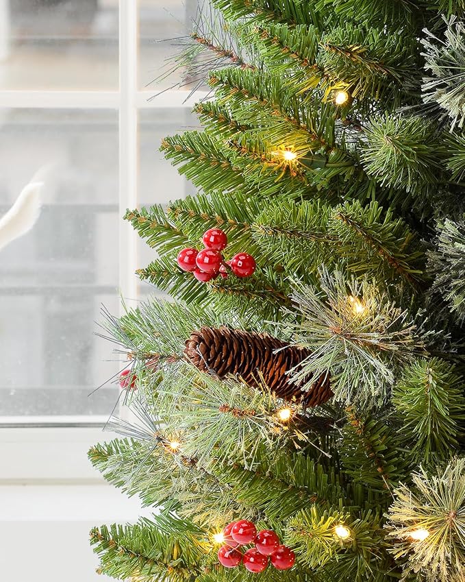 3ft Pre-lit Artificial Christmas Tree with 70 Warm White Lights, Flocked with 12 PineCones,12 Red Berries Green