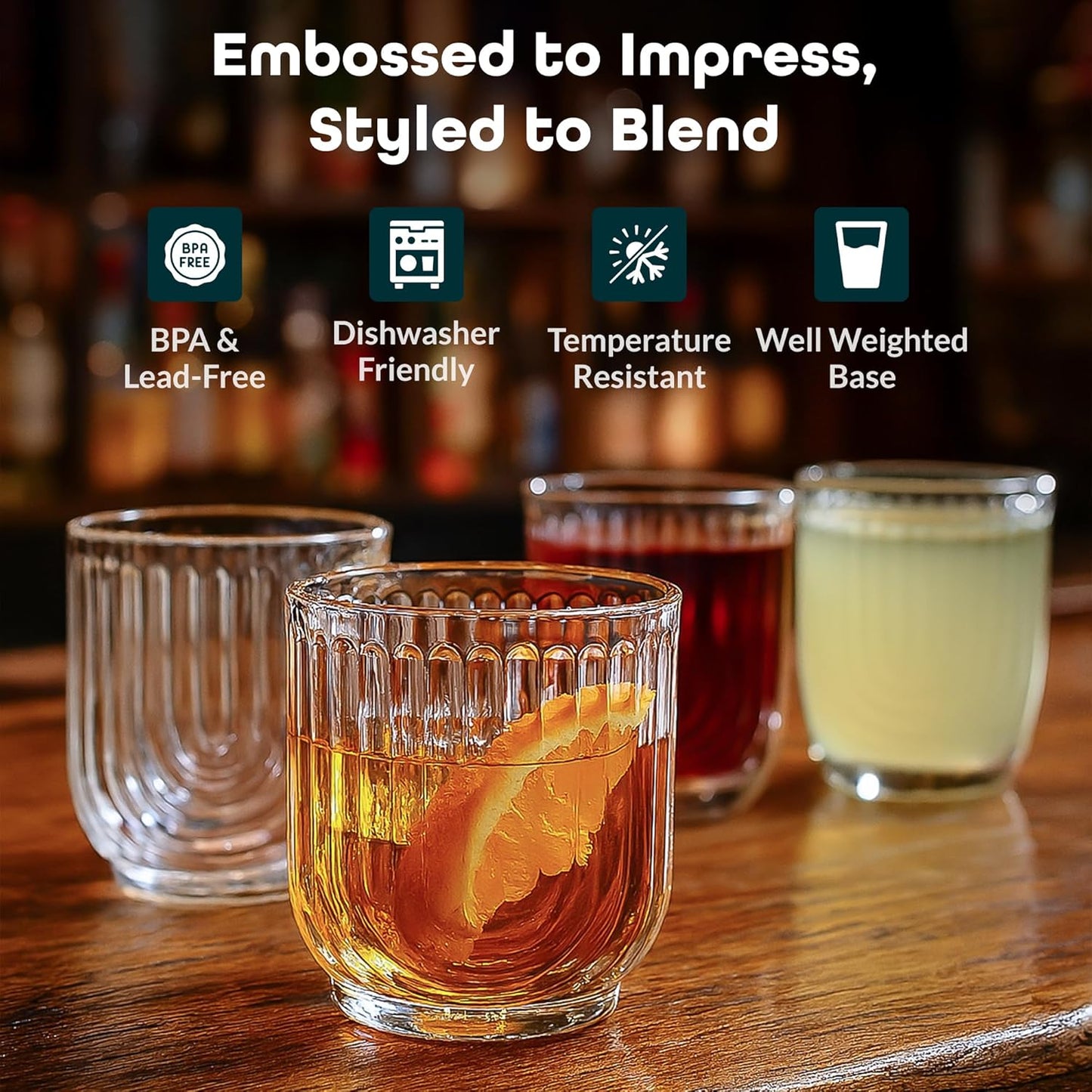 Glaver's Vintage Glassware Art Deco Glasse Ribbed Drinking Glasses U-Shape Arch Design Colored Cocktail Kitchen Tumblers Everyday Dinner Decorative Party (Clear S/4 11oz)