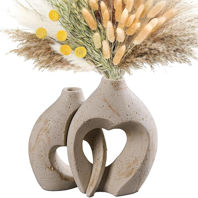 Modern Hollow Vase Set of 2 - Natural Travertine Textured Resin Vases for Flowers, Pampas Grass, Home Decor - Centerpiece for Bathroom, Entryway, Nightstand (8.5 Inches Tall, Heart Design)