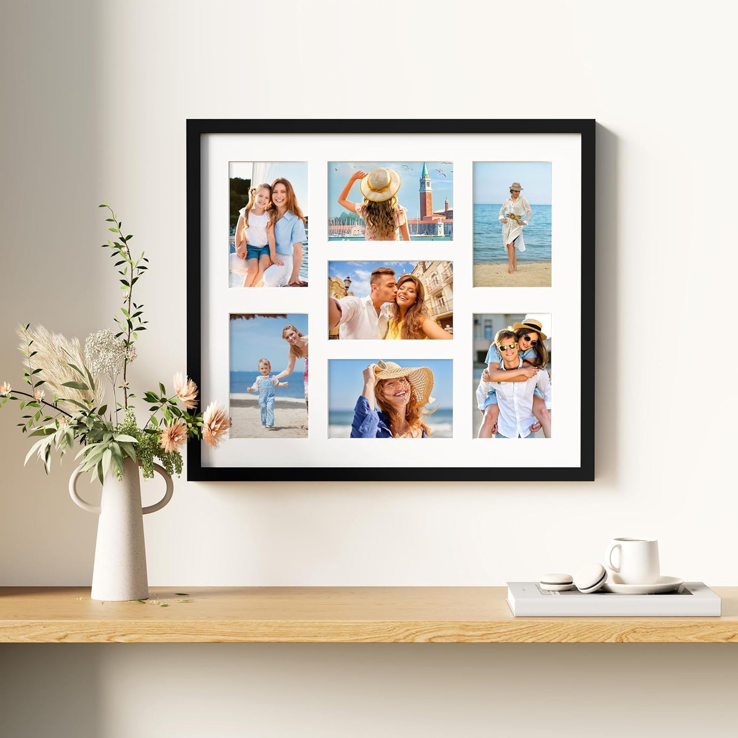 decorUhome 15x17 Picture Frames Collage Wall Decor, Display 7Pcs 4x6 Photos with Mat or 1Pcs 15x17 Unmatted, 7 4x6 Collage Picture Frames for Wall Mounting, Black