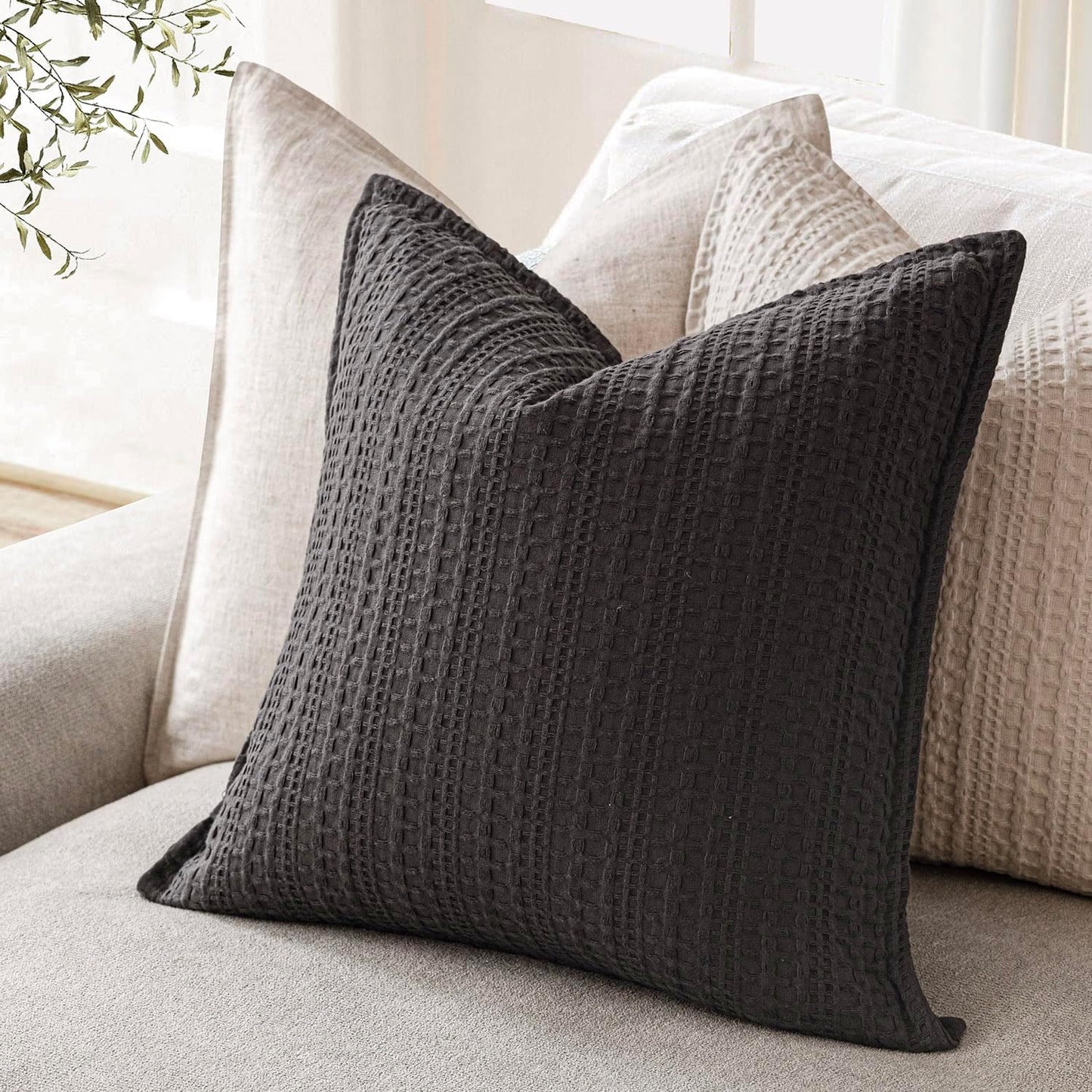 Foindtower Set of 2 Decorative Cotton Waffle Weave Throw Pillow Covers Euro Shams Cushion Covers Accent European Pillowcase for Bed Couch Sofa Bedroom Living Room Home Decor 24×24 Inch Dark Grey