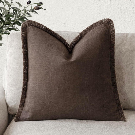 Foindtower Decorative Linen Fringe Throw Pillow Covers Cozy Boho Farmhouse Cushion Cover with Tassels Soft Accent Pillowcase for Chair Sofa Bed Living Room Home Decor, 16×16 Inch, 1PC,Reddish Brown
