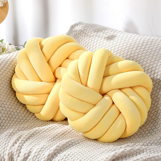 Fumete 2 Pcs 14 Inches Knot Pillow Round Throw Soft Plush Knot Ball Pillow Handmade Knotted Modern Home Decorative Cushion for Bed Bedroom, Sofa, Couch (Yellow)