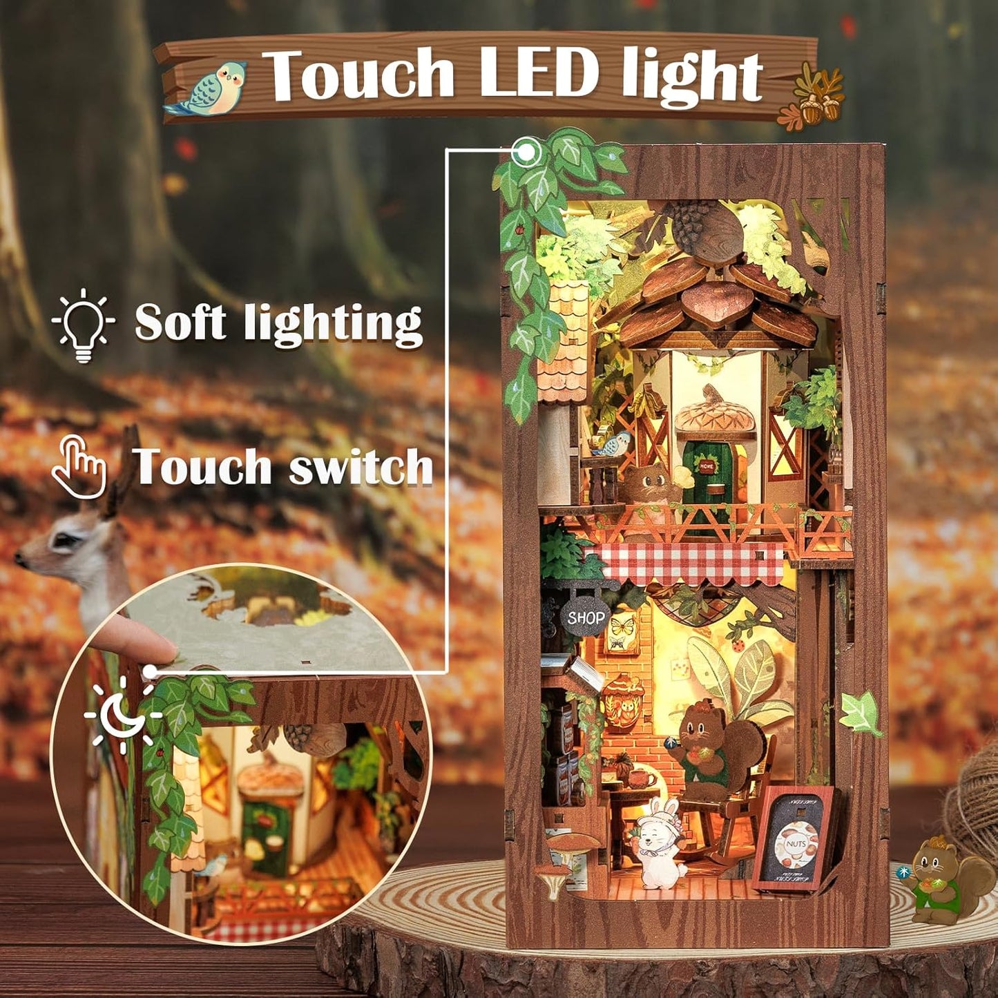 Cutefun Book Nook Kit, DIY Miniature Dollhouse Kit for Teens and Adults, 3D Wooden Puzzle Bookends with LED Light, Bookshelf Insert Decor with Dust Cover, Christmas Birthday Gifts (Squirrel Collector)