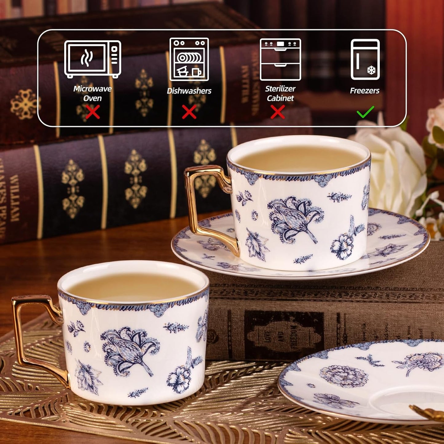KAMMAK Tea Cups and Saucers Set of 2, Fine Bone China Coffee Cups, 8.5-Ounce Stackable Espresso Mugs, Ceramic Demitasse for Coffee, Cappuccino, Latte, Americano, Tea, English Navy