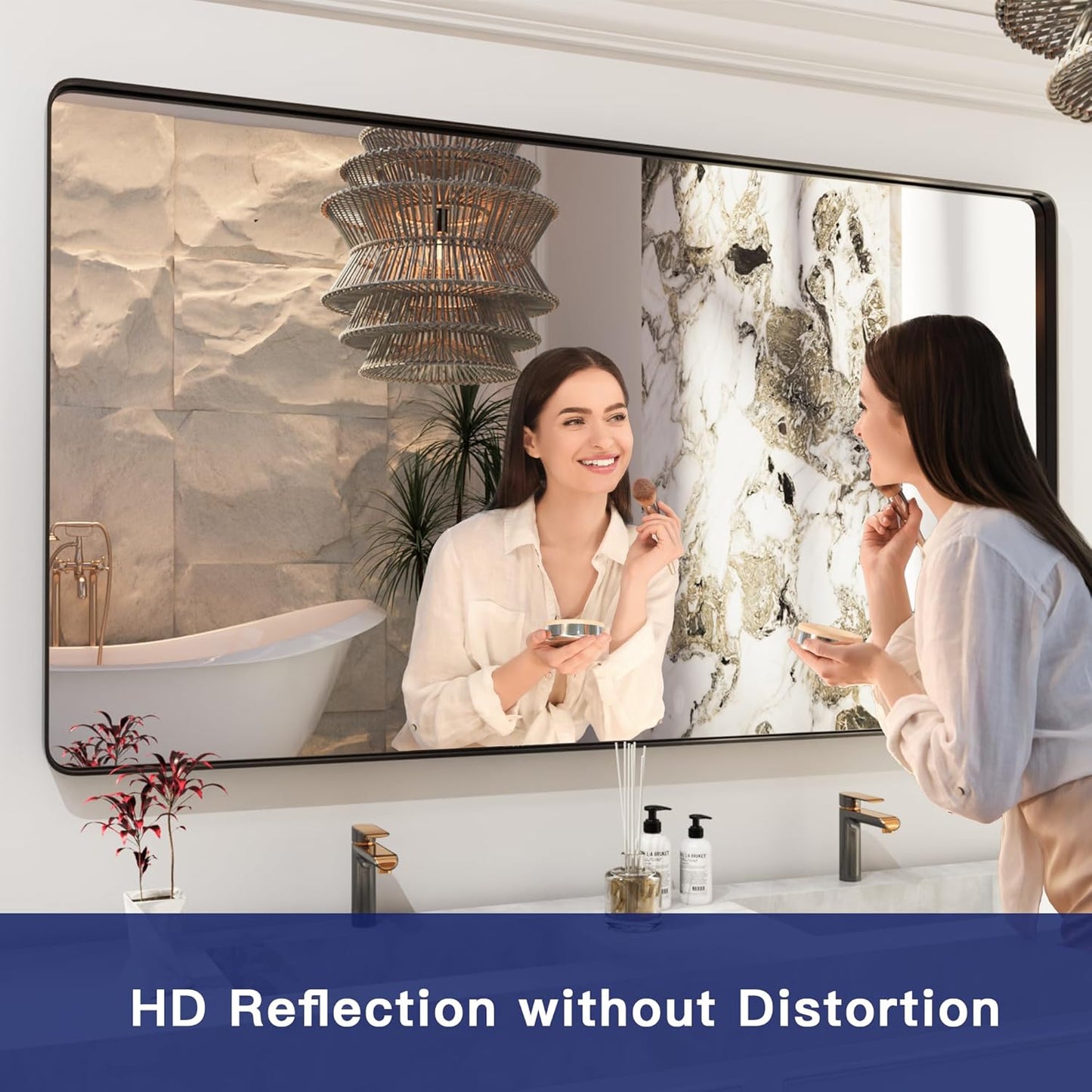 ISKM Black Framed Mirror for Wall 77"x 36", Large Bathroom Mirror Anti-Rust, Tempered Glass, Rounded Rectangle Mirror(Horizontal/Vertical)