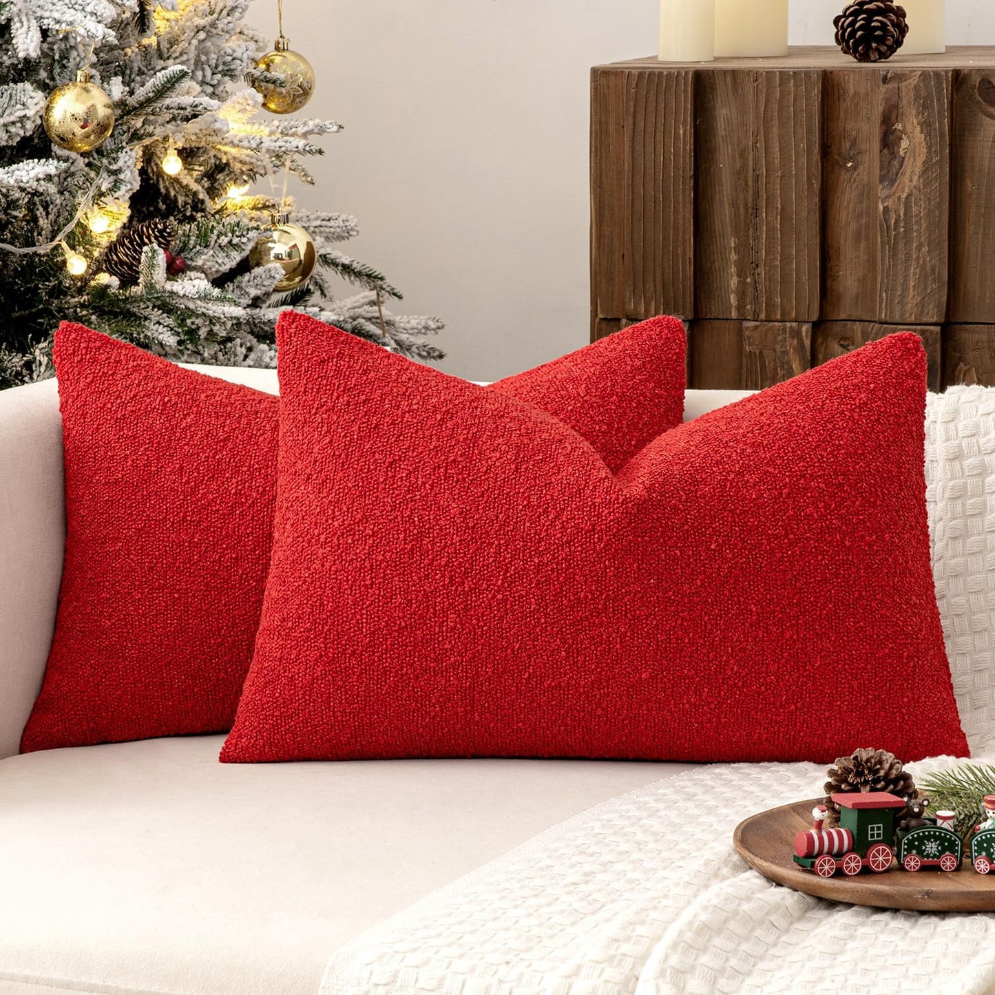 MIULEE 12x20 Inch Christmas Decorative Lumbar Throw Pillows for Bed Set of 2 Textured Boucle Neutral Winter Throw Pillow Covers Red Accent Solid Pillowcases Sofa Livingroom Home Decor