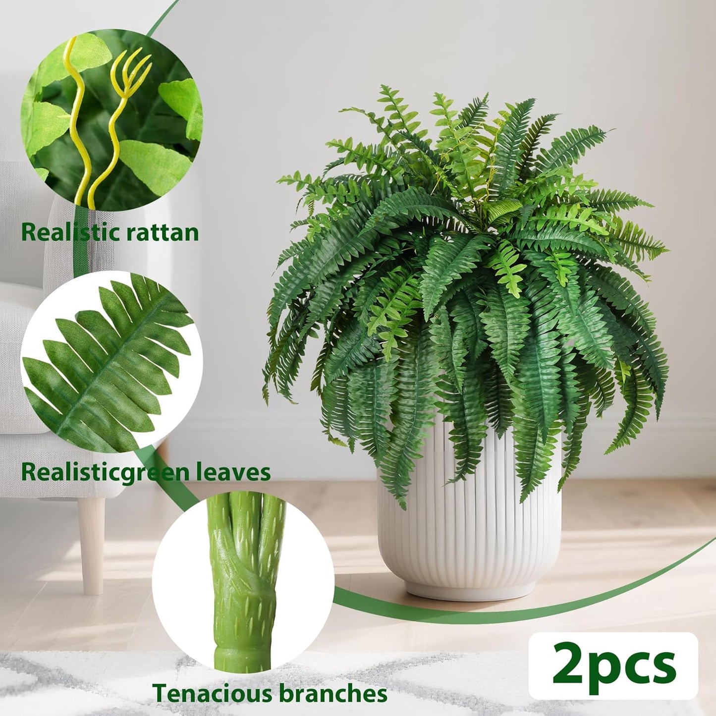 Fake Ferns 2Pack Artificial Ferns for Outdoors 25.6In Large Faux Ferns UV Resistance for Outdoor Large Planter Realistic Artificial Boston Fern Plants for Garden Balcony Terrace Decor 38Leaves