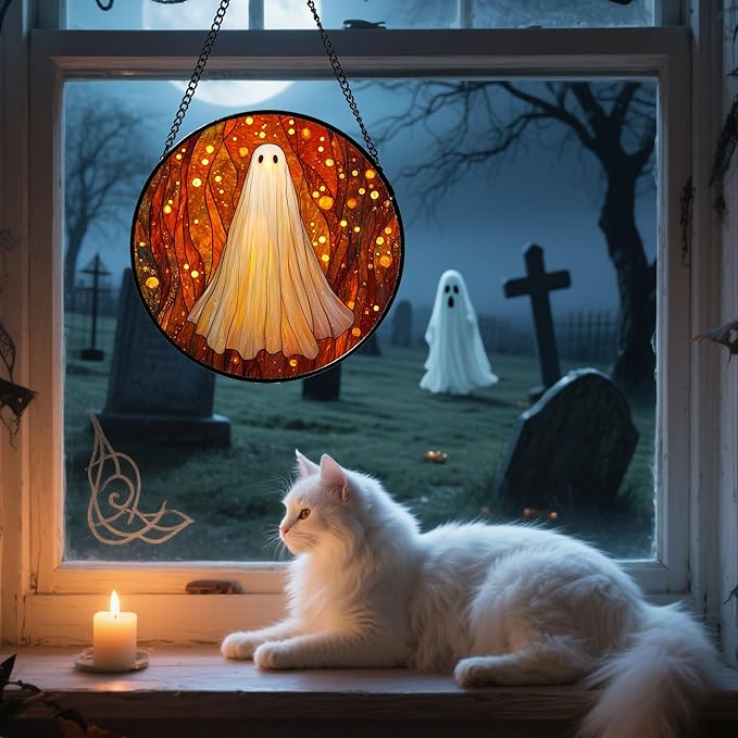 Stained Glass Window Hanging - Halloween Decoration Glowing Forest Ghost Suncatcher for Door Garden Spooky Orange Sun Catchers Gothic Decor Horror Gifts for Women Men Friend Boy Girl 15 in