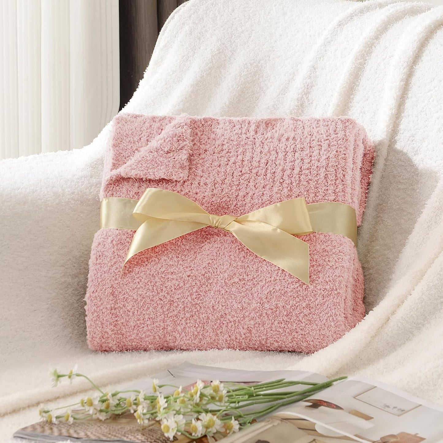 Knit Throw Blanket Super Soft Warm Blanket for Couch Lightweight Cozy Blanket for Bed Sofa 50x60 Inches Pink