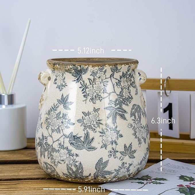 Vintage Grey Ceramic Ice Crack Glaze Flower Pot with Drainage Holes and With Handle, Country Rustic Planters for Indoor and Outdoor,Tuscan Decor,Home,Living Room, Garden Decor, Gardening Gift (Grey)