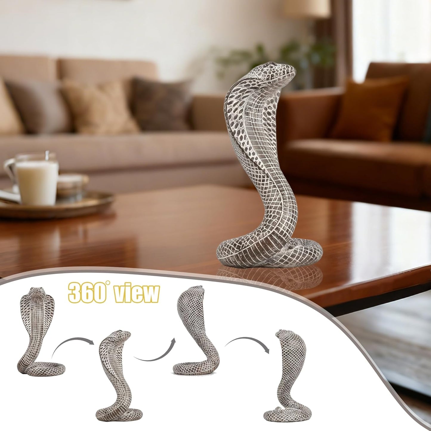 King Cobra Snake Statue Realistic Snake Resin Figurine Handcrafted, Indoor/Outdoor Animal Ornaments for Home Office Garden Yard Decor, Unique Gift for Collectors, Brown