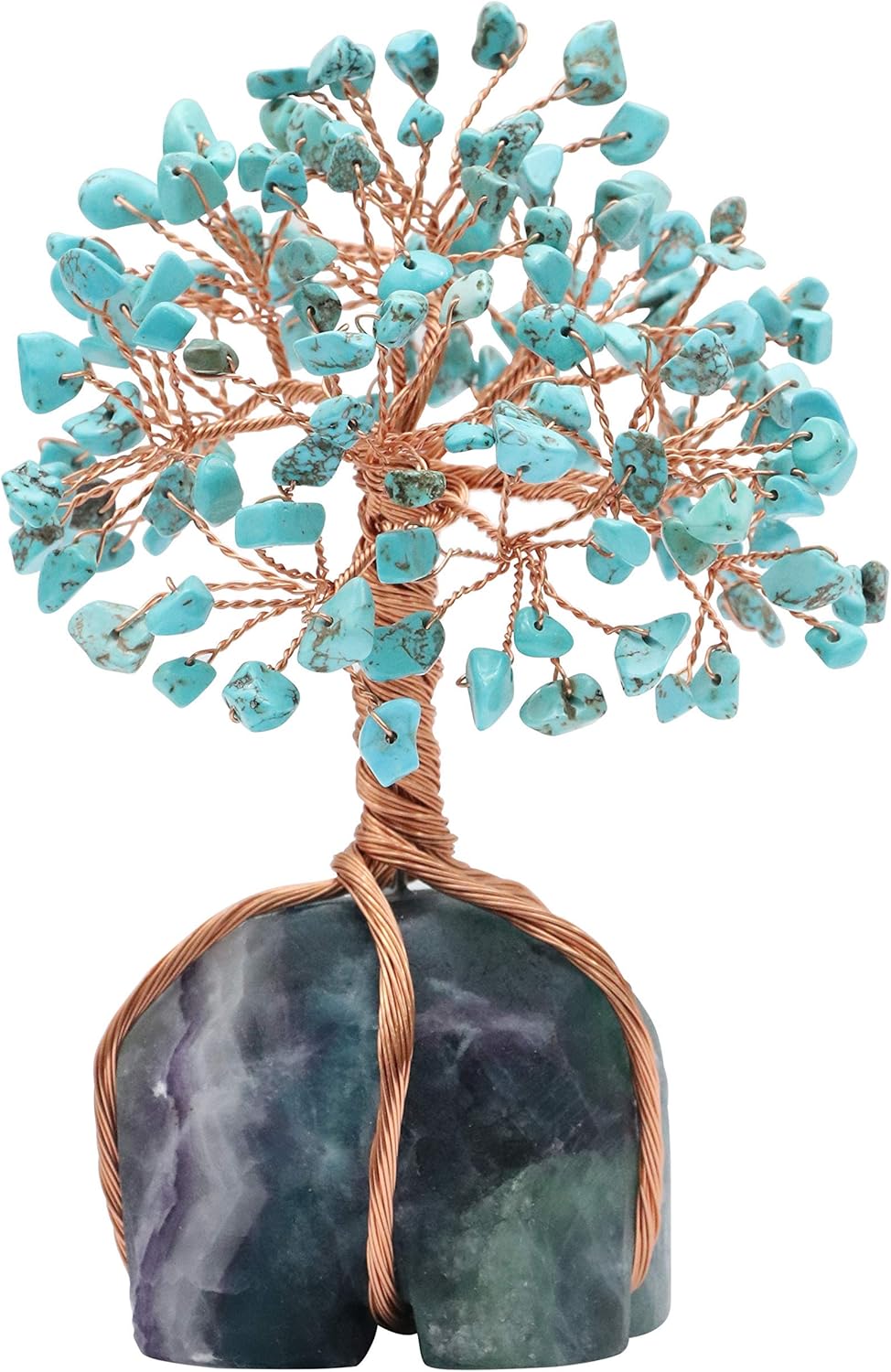 Crocon Howlite Green Turquoise Gemstone Money Tree with Fluorite Rough Wire Wrapped Base | Feng Shui Bonsai | Ornament Figurine | Chakra Balancing | Reiki Crystal Healing | Spiritual | Decor Size 5-6"