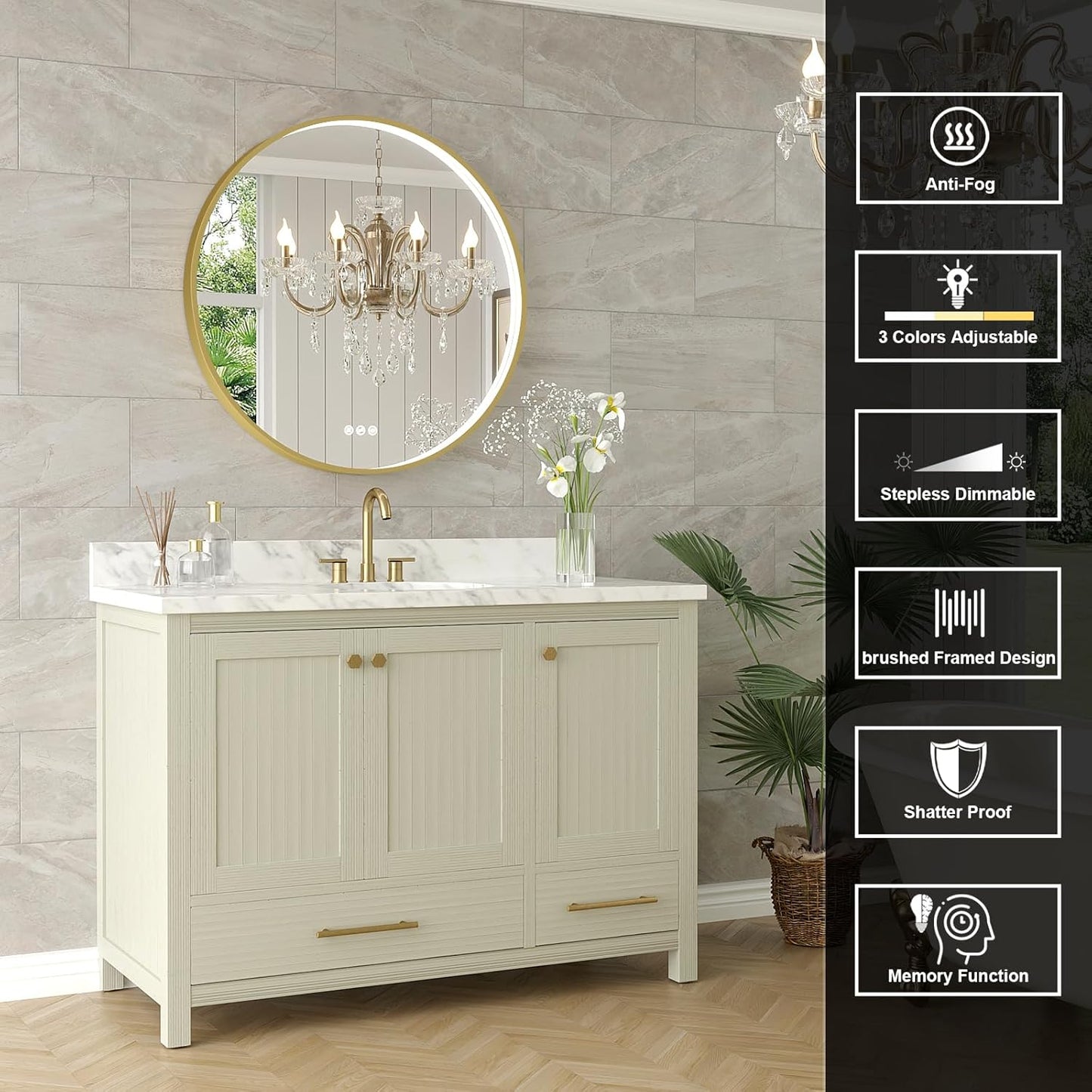 LED Bathroom Mirror with Gold Framed 28 Inch, LED Mirror for Bathroom with Anti-Fog, Stepless Dimmable, Front Lit, Memory Function, Shatter-Proof