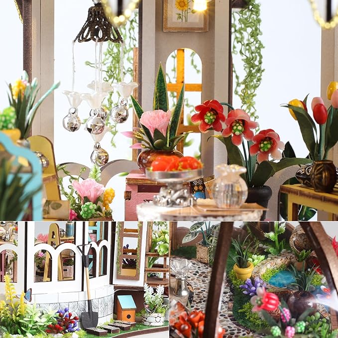 TuKIIE DIY Miniature Dollhouse Kit with Furniture, 1:24 Scale Creative Room Mini Greenhouse Wooden Doll House for Kids Teens Adults(Hanging Garden)