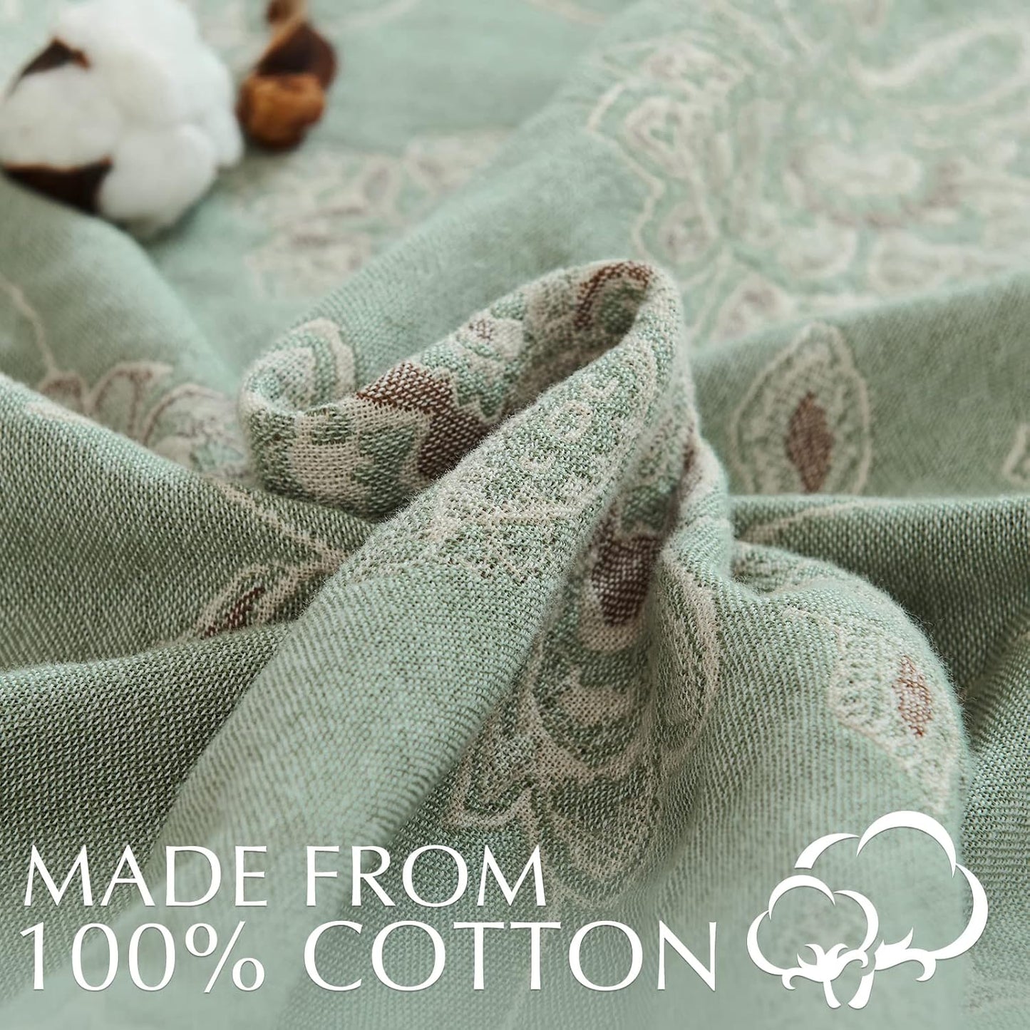 jinchan Boho 100% Cotton Muslin Queen Size 80x90 Inches Blanket Lightweight 4-Layer Quilted Soft Green and Beige Floral Throw Blanket Reversible Comfy Flower Rustic All Seasons Couch Bedroom Decor