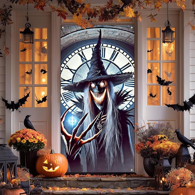 IVN Halloween Door Cover Clock Tower Witch Horror Enchanted Night Decor Photot Backdrop 35x71 Inch Festive Ornate Ornament Home Porch Decor Spooky Welcome Door Banner Outdoor Indoor Decoration