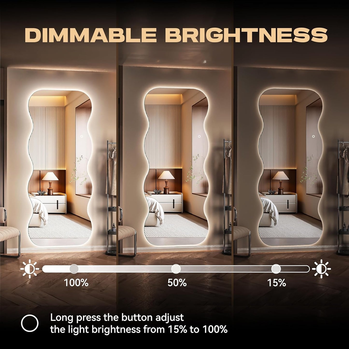 Hasipu Wavy Full Length Mirror with Lights - 94"×39" LED Wavy Floor Mirror, Frameless, Dimmable, Standing or Vertical/Horizontal Wall-Mounted Mirror for Bedroom, Living Room, Cloakroom