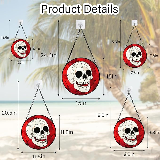 Stained Glass Window Hanging - Halloween Decoration White Skeleton Skull Suncatcher for Door Garden Spooky Red Sun Catchers Gothic Decor Horror Gifts for Women Men Friend Boy Girl 9.8 in