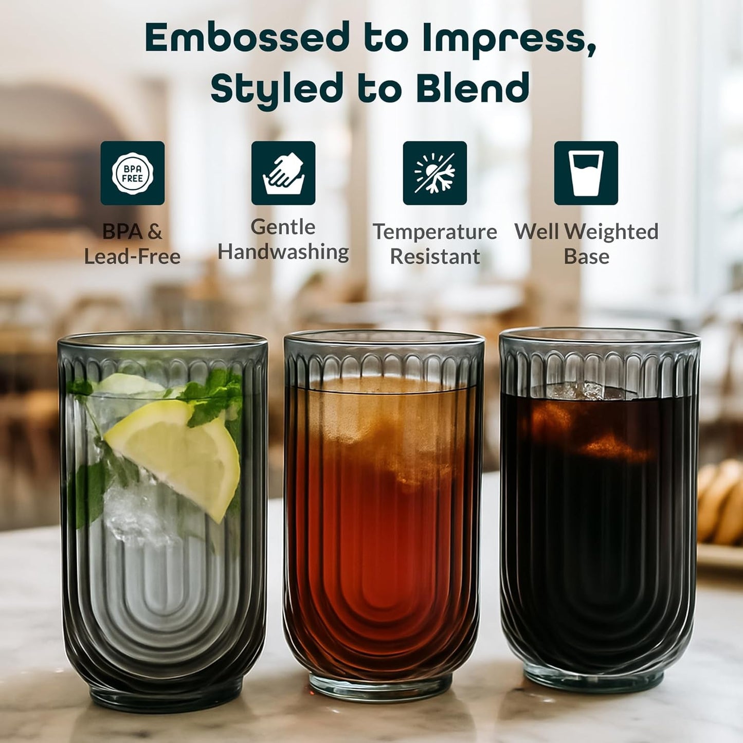 Glaver's Vintage Glassware Art Deco Glasse Ribbed Drinking Glasses U-Shape Arch Design Colored Cocktail Kitchen Tumblers Everyday Dinner Decorative Party (Smoke S/4 17oz)