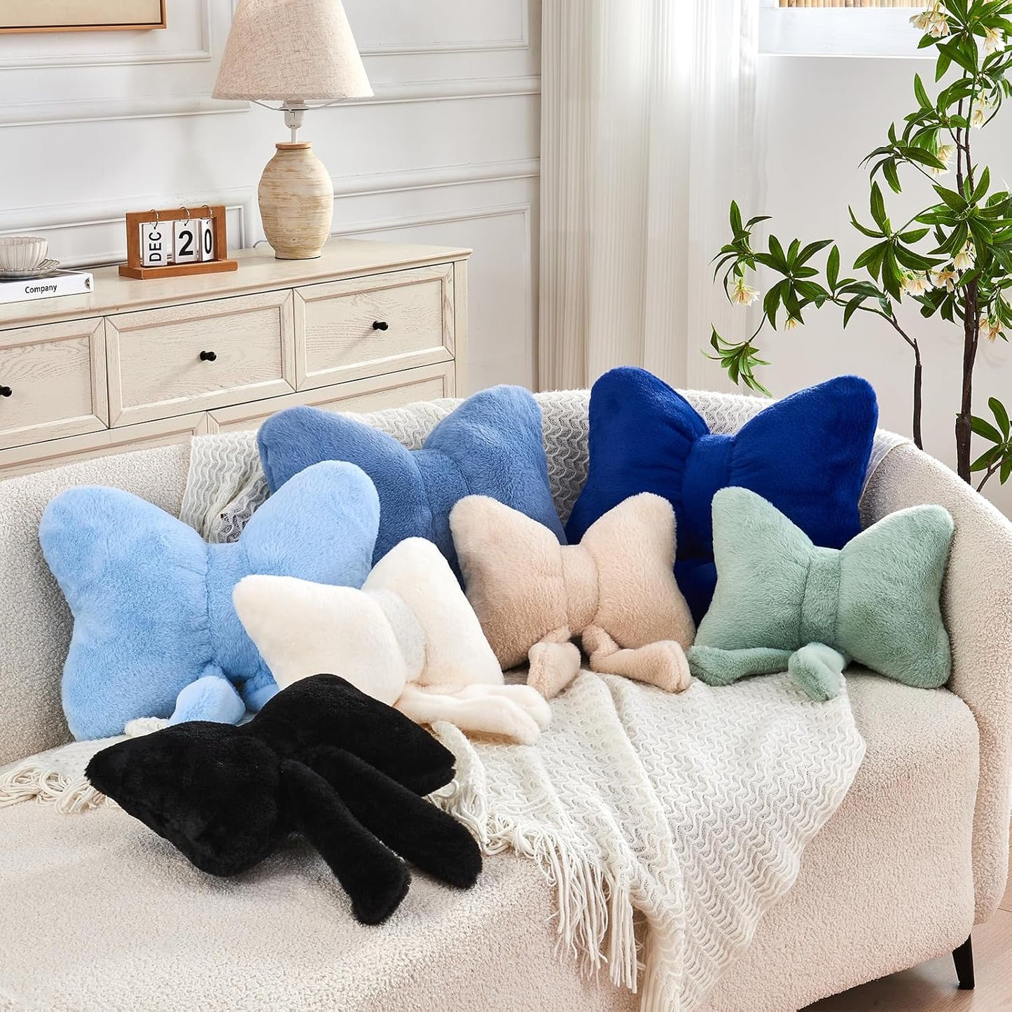 Beige Bow Pillow, Soft Bow Decorative Pillows with Faux Rabbit Fur, Cute 12" Bow Throw Pillows, Aesthetic Home Decor Bow Shaped Plush Pillow for Bedroom Sofa Couch