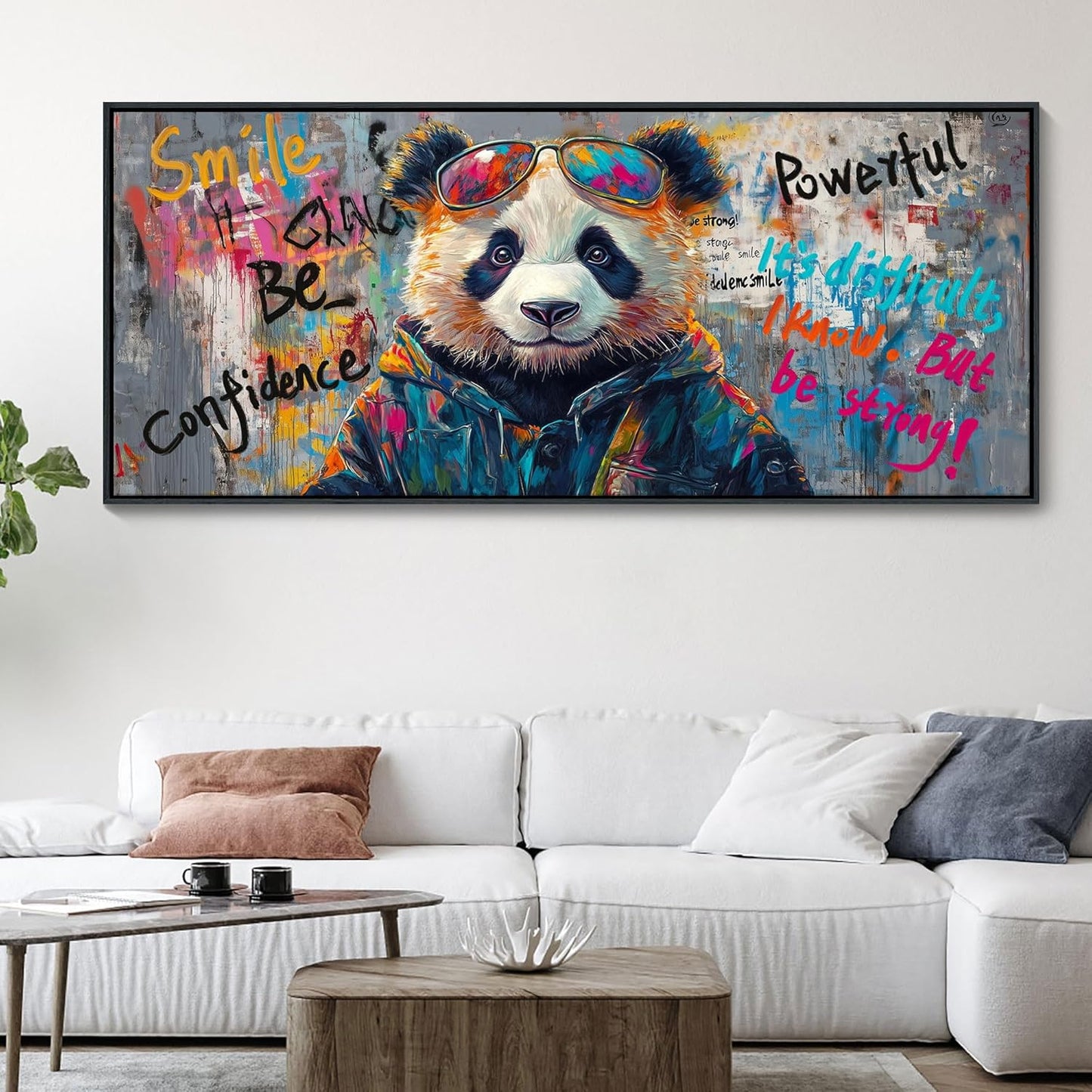 JEAWA Framed Canvas Wall Art - Extra Large Panda Abstract Graffiti Street Art Wall Picture Black and White Paintings Ready to Hang Living Room Bedroom Home Office Inspirational Decor 31.5x70 IN