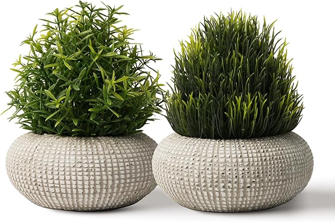 2Pack Small Fake Plants, 6.1/5.7 Inch Artificial Plants Indoor in Cement Planter, Small Faux Plants Indoor for Room Bathroom Bedroom Farmhouse Kitchen Office Home Decor - Yellowish Green-Rosemary