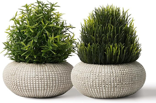2Pack Small Fake Plants, 6.1/5.7 Inch Artificial Plants Indoor in Cement Planter, Small Faux Plants Indoor for Room Bathroom Bedroom Farmhouse Kitchen Office Home Decor - Yellowish Green-Rosemary
