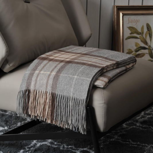 EP Mode 100% Pure Cashmere Throw Blanket for Sofa, Classic Design with Gift Box (Grey Tartan)