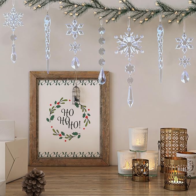 32pcs Crystal Christmas Ornaments for Christmas Tree Decorations-Blue Hanging Acrylic Snowflake and Icicle Ornaments with Drop Pendants for Xmas Winter Wonderland New Year Party Decorations Supplies
