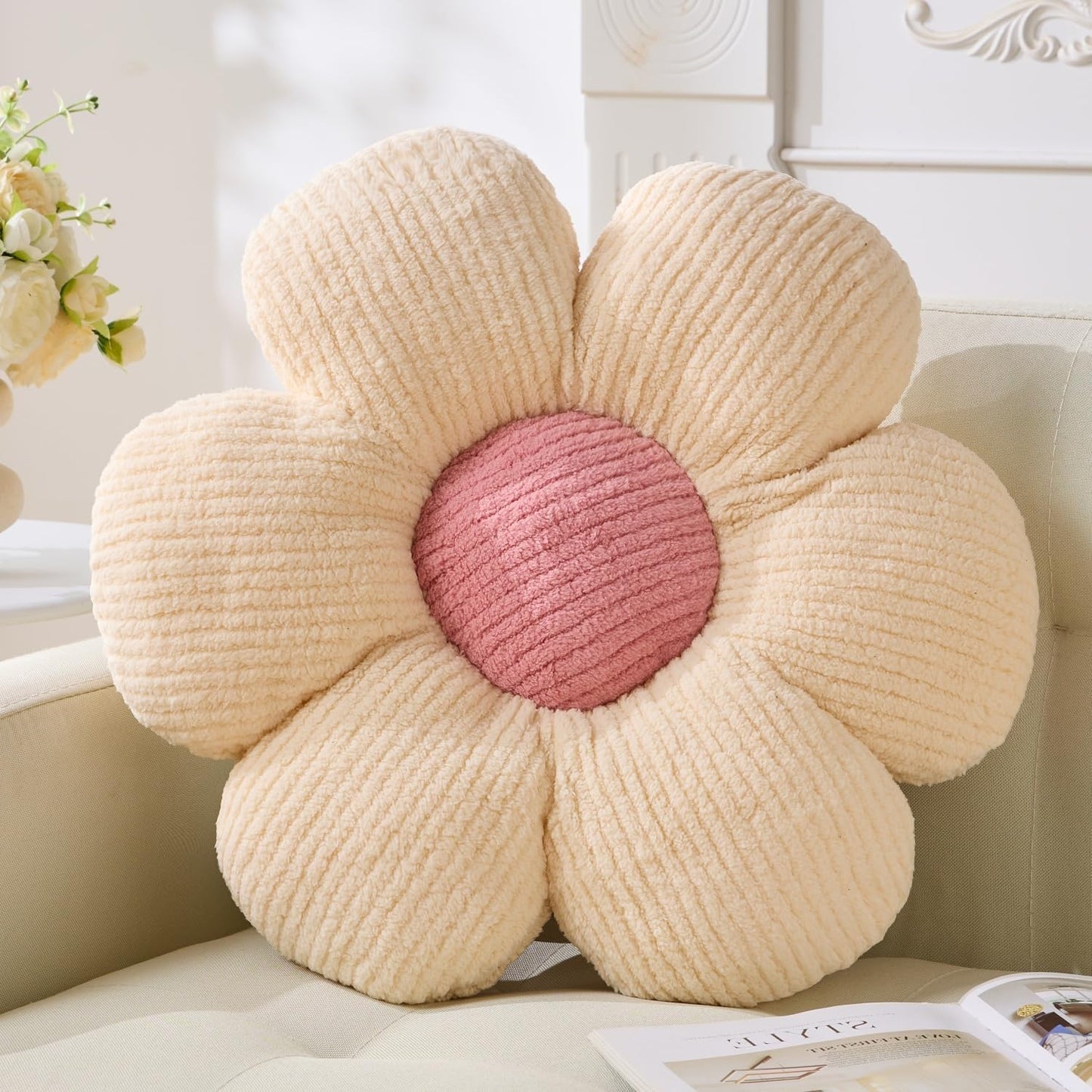 Daisy Pillow, Ivory Flower Shaped Throw Pillow Cushion, 19.6" Plush Throw Pillow for Floor & Home Decor