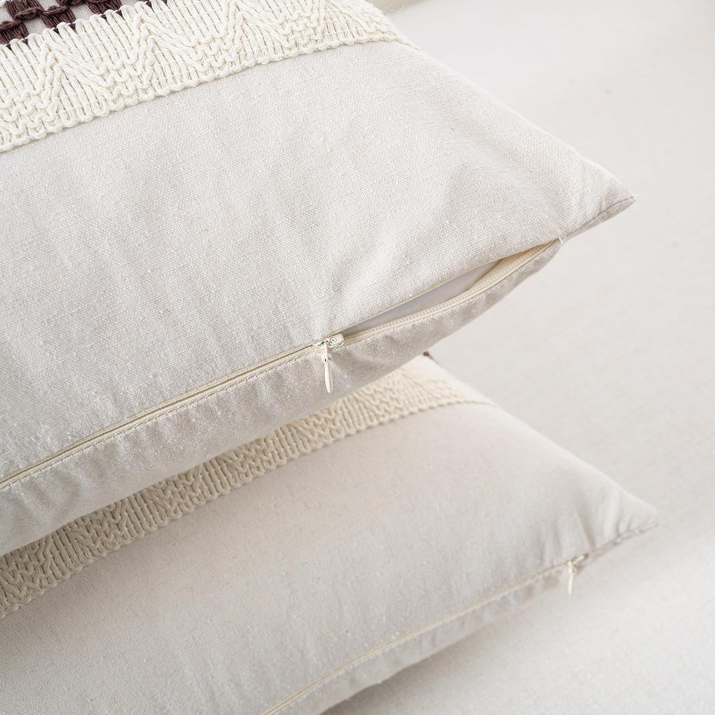 Fancy Homi Set of 2 Boho Brown Big Decorative Throw Pillow Cover 24x24 Inch for Couch Bed Bedroom, Aesthetic Modern Organic Farmhouse Room Decor, Soft Cotton Accent Macrame Woven Cushion Case