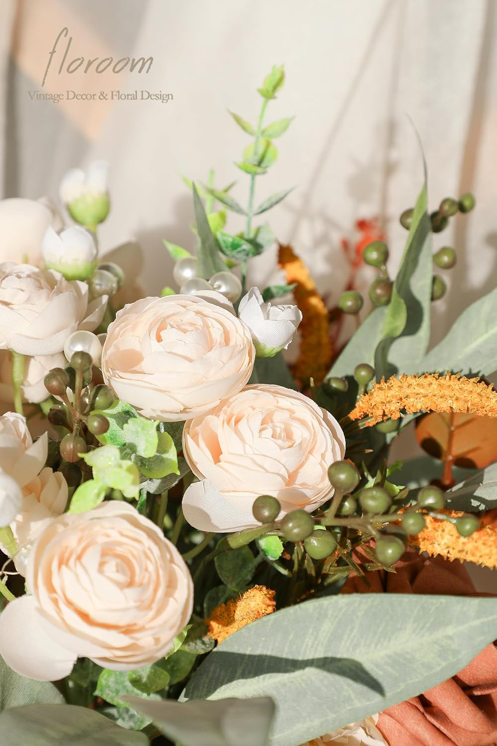 Floroom Artificial Greenery Stems Box Set, 41pcs with 7 Kinds of Faux Greenery Flowers Picks for DIY Bridal Bouquets Wedding Floral Arrangement Table Centerpieces, Terracotta & Cream