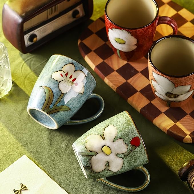 12oz/350ml Ceramic Coffee Mug with Handle,Hand Painted Vintage Floral Cappuccino Cup, Suitable for Tea Cups,Colorful Stoneware Coffee Mugs and Drinking Cup,Ideal Gifts for Women and Men-Green