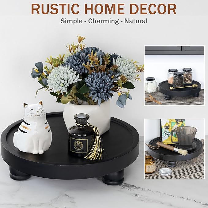 Demigo 10" Acacia Wood Round Tray - Decorative Plant Stand, Farmhouse Countertop Organizer, Multi-Purpose Display Pedestal, Riser Board for Soap, Perfume, Candles, Sponge, Bathroom, Kitchen (Black)