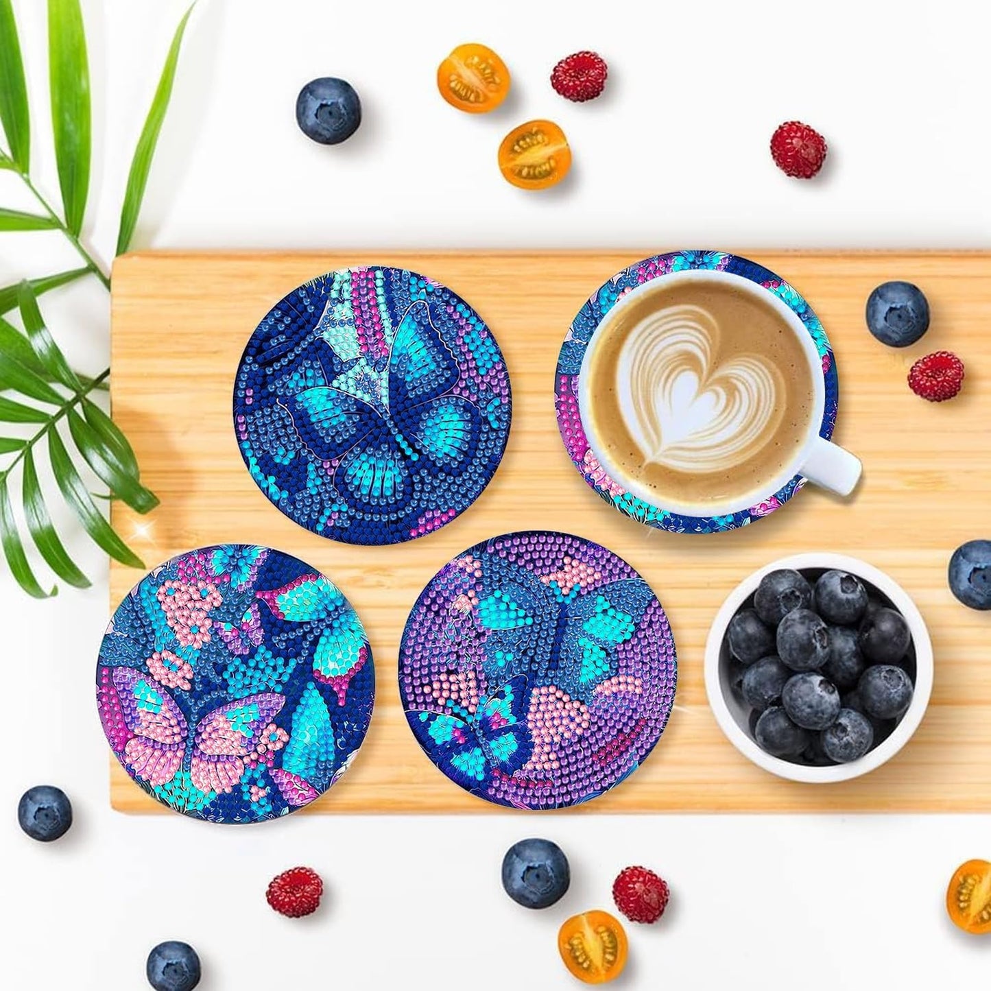 DOZEEZOP 8 PCS Diamond Painting Coasters with Holder, Diamond Art Coasters Kit, Fall Diamond Art Kits for Adults Beginners, Arts and Crafts Supplies Party Item Sets Butterfly Style