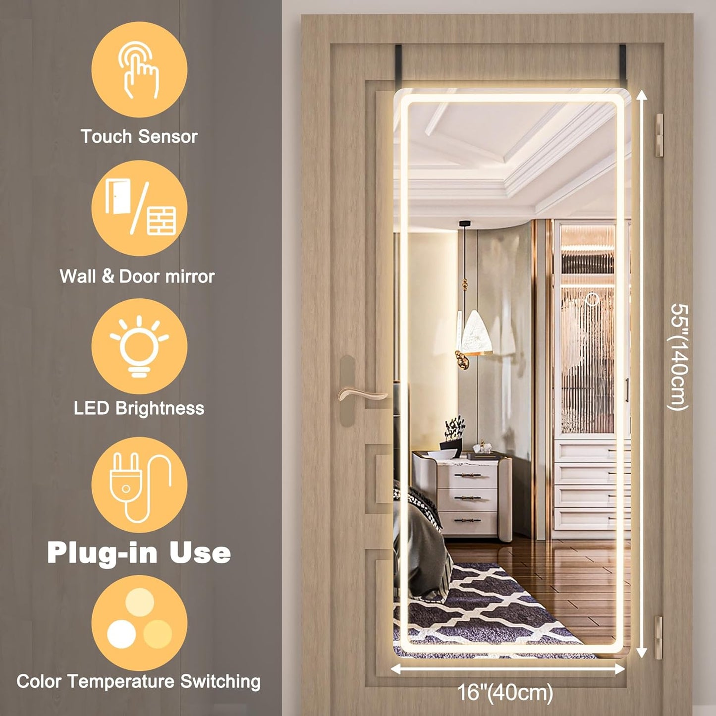 Hasipu LED Door Mirror Full Length, 56 x 16 Over The Door, Hanging With Lights for Bedroom, Living Room, Cloakroom