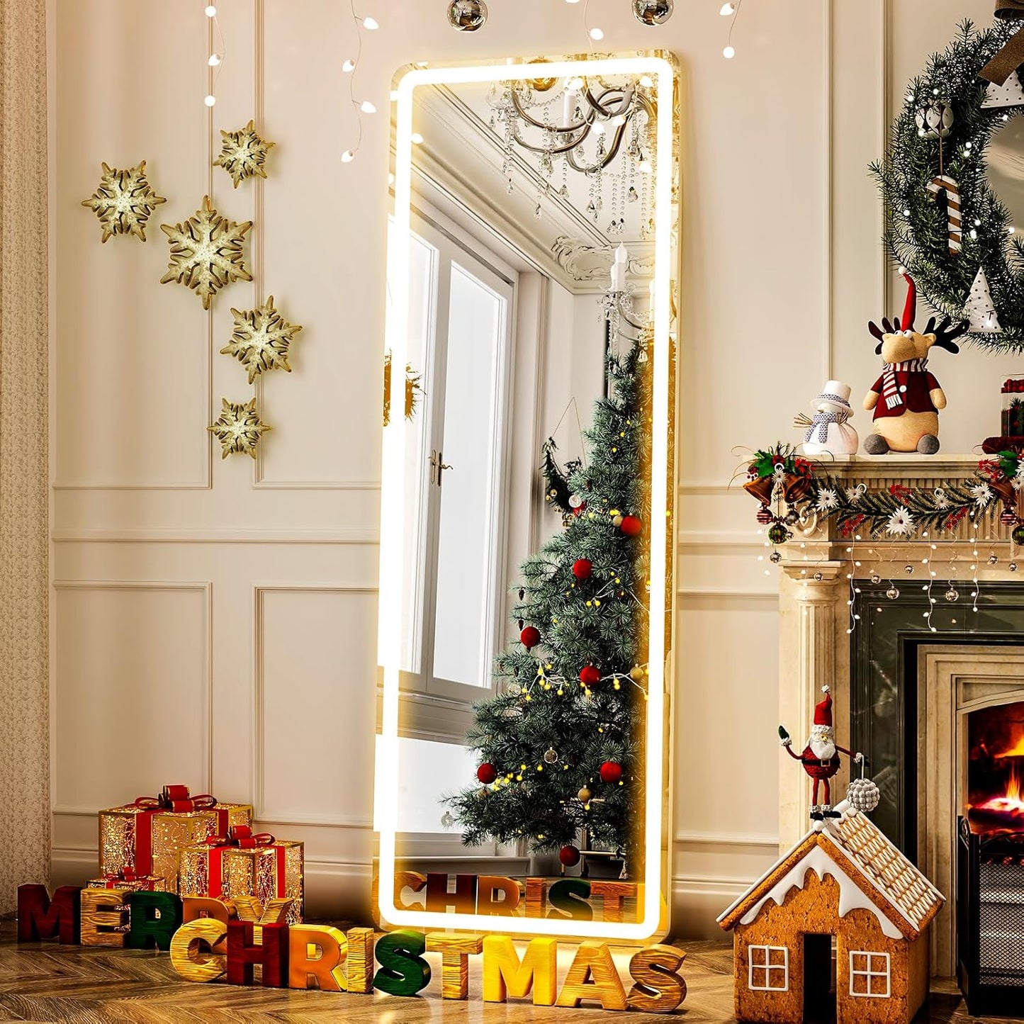 GLSLAND LED Full Length Mirror 64" x 21" Floor with Stand Wall Mounted Hanging Full Body Mirror with Lights Free Standing for Bedroom Living Room Bathroom, White