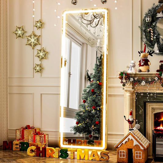 GLSLAND LED Full Length Mirror 64" x 21" Floor with Stand Wall Mounted Hanging Full Body Mirror with Lights Free Standing for Bedroom Living Room Bathroom, White