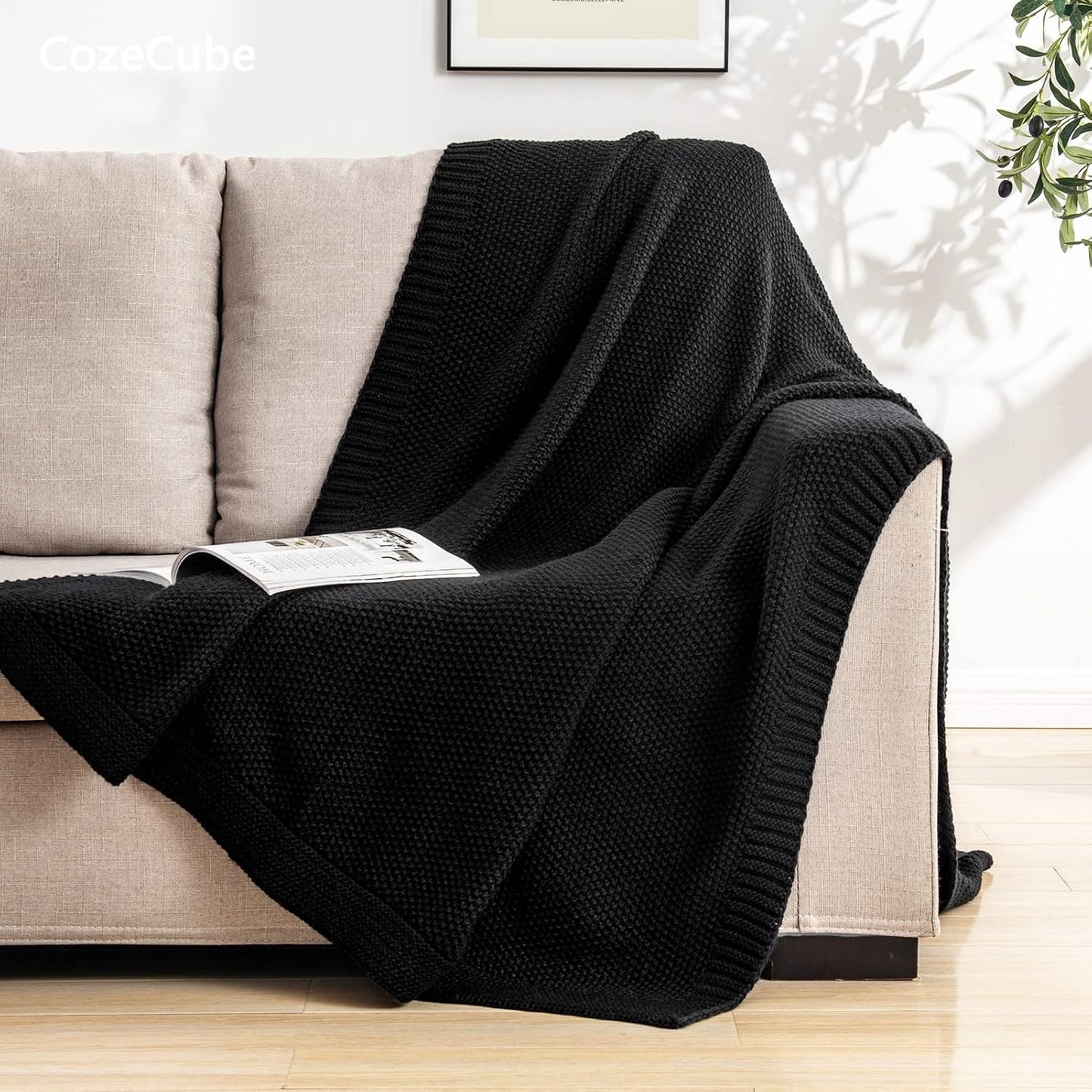 CozeCube Black Throw Blanket for Couch, Soft Cozy Cable Knit Throw for Bed Sofa Living Room, Lightweight Warm Decorative Farmhouse Christmas Blanket, 60"x80", Jet Black