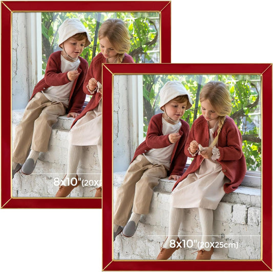 Frametory Enamel Picture Frame - 8x10 Gold Metal Edge Red Enamel Picture Frame With Easel and Velvet Back for Tabletop Display, Bookshelf, 8x10 Wall Decoration, Photo Frames-2 Set