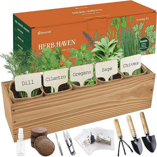 5 Herb Garden Planter Indoor with Wooden Box, Home Kitchen Seed Starter Kit Including Dill, Cilantro, Oregano, Sage, Chives, Birthday, Mothers Day, House Warming, Gardening Gifts for Women, Mom