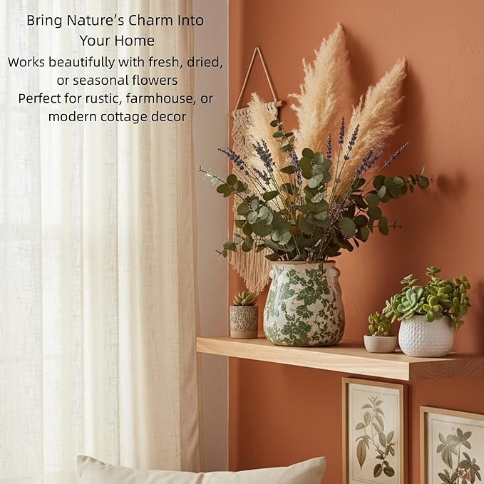 Vintage Ceramic Vase with Green Floral Pattern, White and Green, Crackle Glazed Finish, Decorative Garden Design (Large - Belly Jar with Drainage Hole)